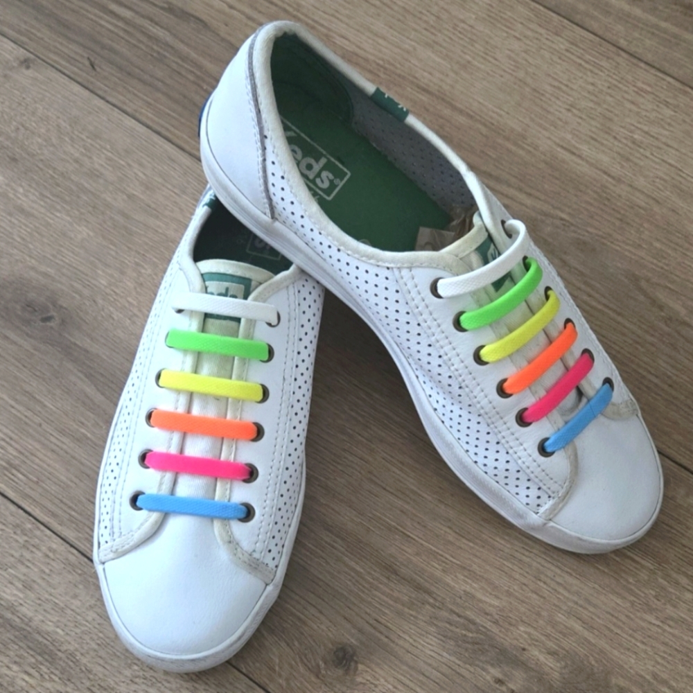 Keds White Leather Sneakers with Neon Streatchy Laces Size 8